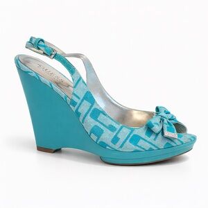 GUESS Y2K Logo Print Wedge Sandals Turquoise Slingback Heels